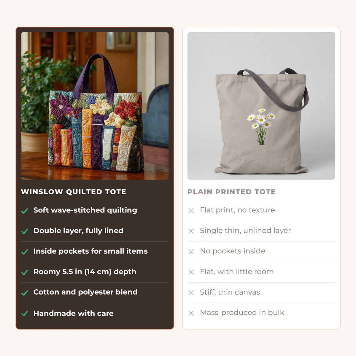 Quilted Tote Bag - Book Lover compared with a plain printed tote