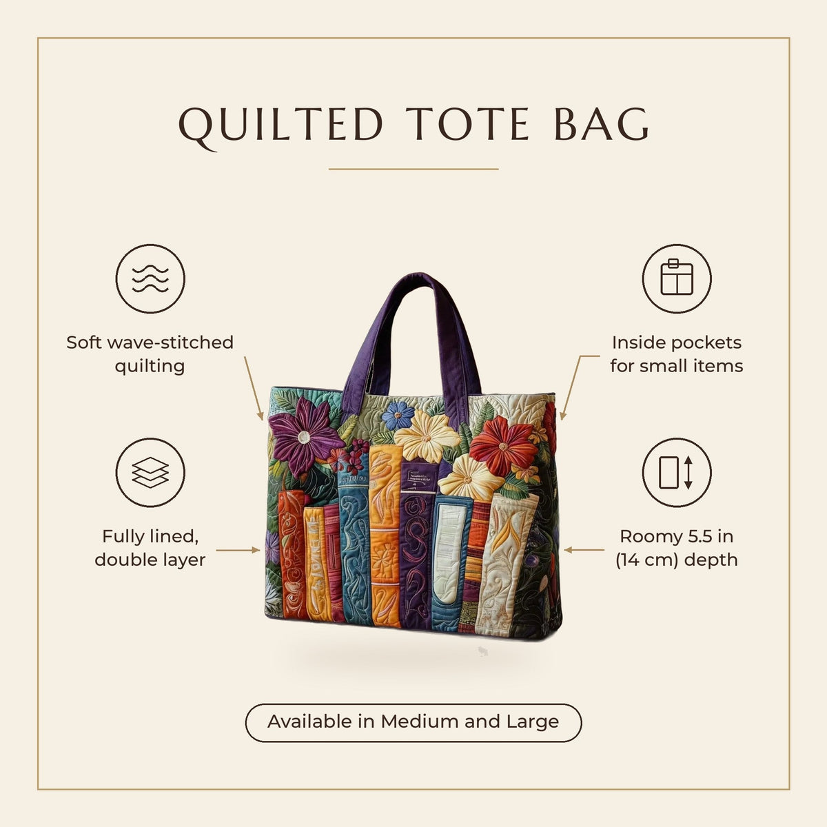 Quilted Tote Bag - Book Lover features infographic