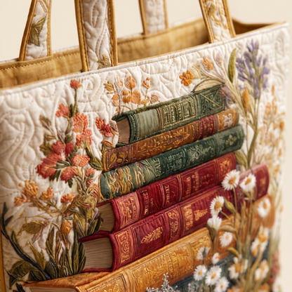 Quilted Tote Bag - Books and Daisies