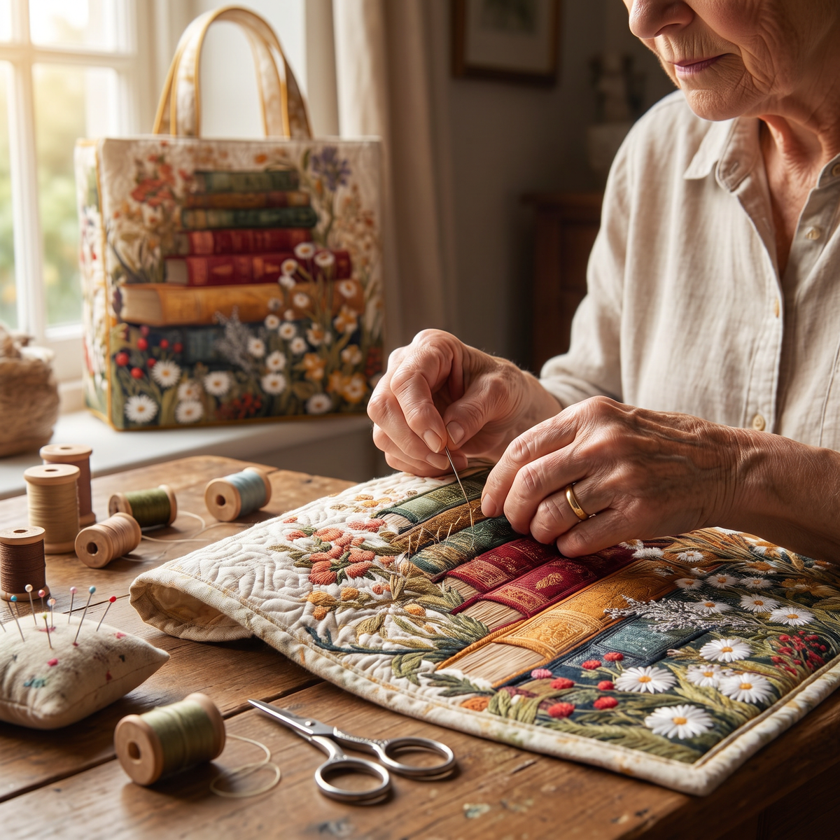 Quilted Tote Bag - Books and Daisies