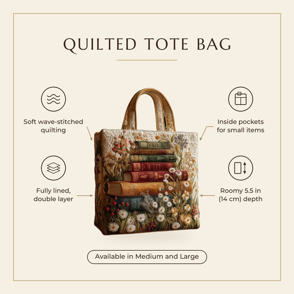 Quilted Tote Bag - Books and Daisies features infographic