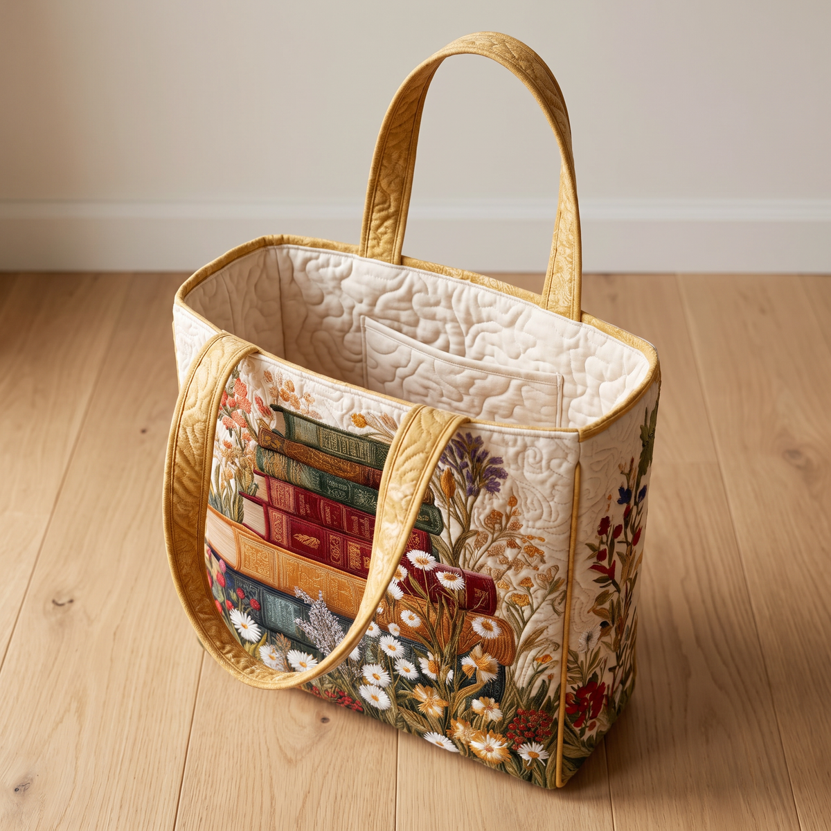 Quilted Tote Bag - Books and Daisies