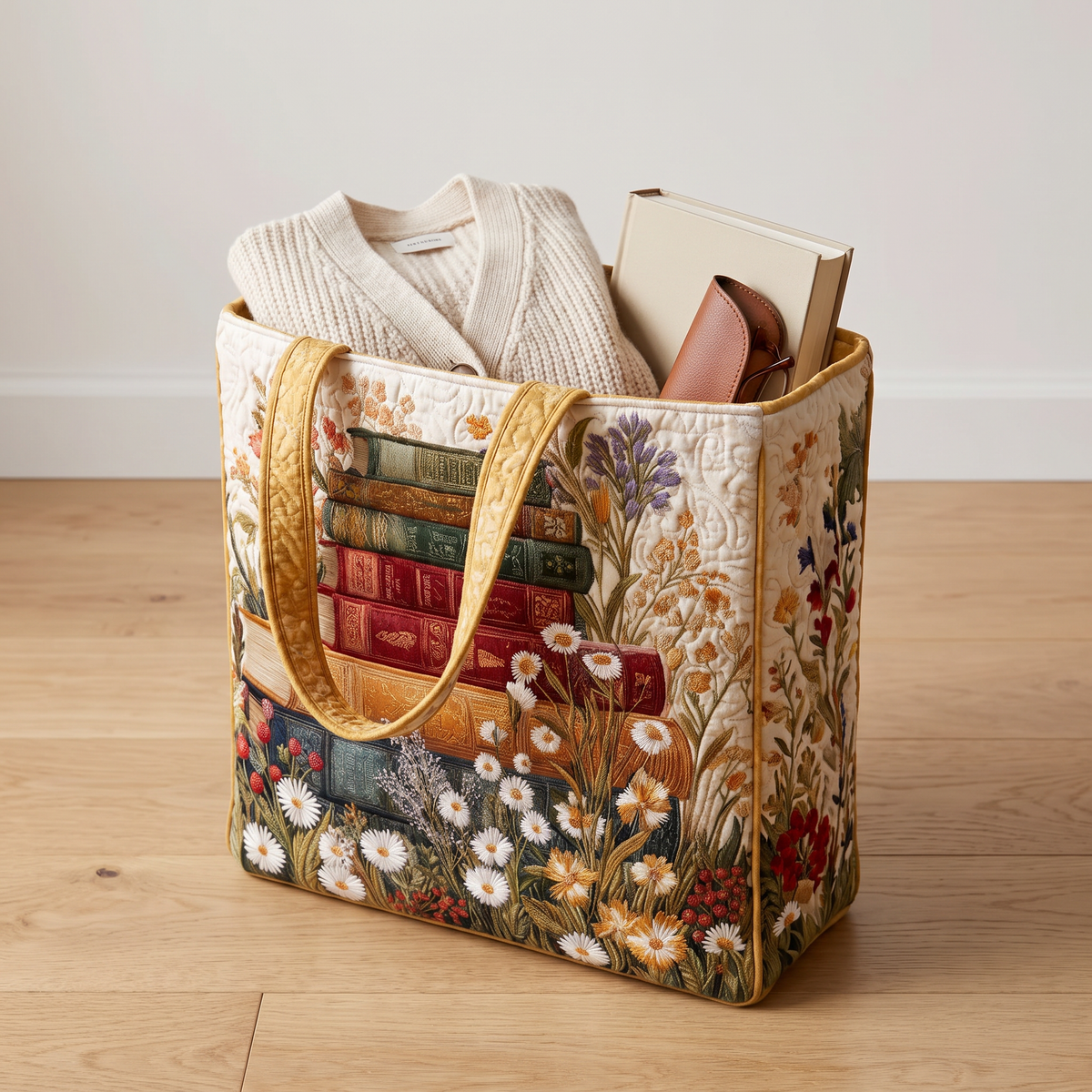 Quilted Tote Bag - Books and Daisies