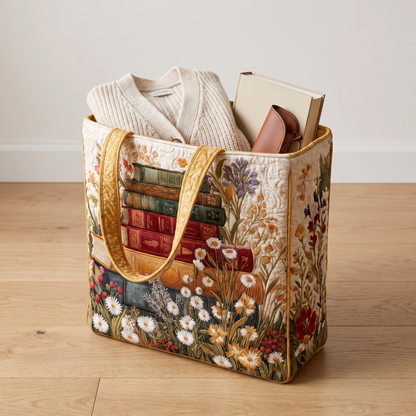 Quilted Tote Bag - Books and Daisies