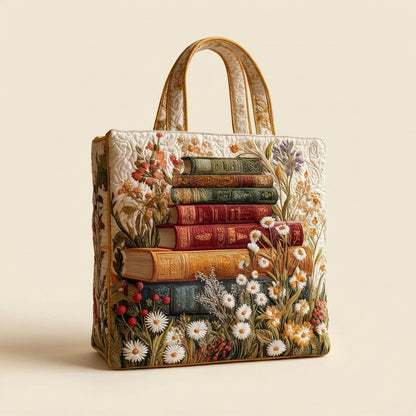 Quilted Tote Bag - Books and Daisies, studio photo