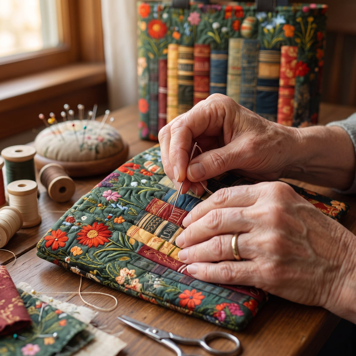 Quilted Tote Bag - Books and Red Blossoms