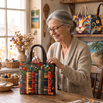 Quilted Tote Bag - Books and Red Blossoms