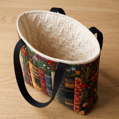 Quilted Tote Bag - Books and Red Blossoms