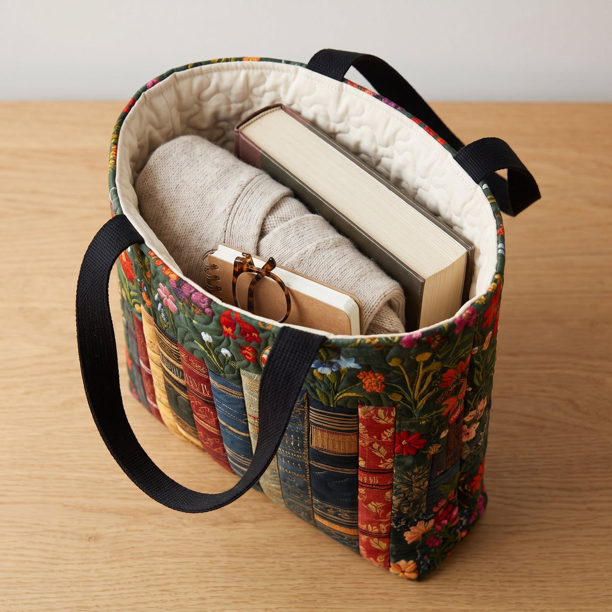 Quilted Tote Bag - Books and Red Blossoms