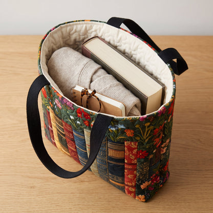 Quilted Tote Bag - Books and Red Blossoms