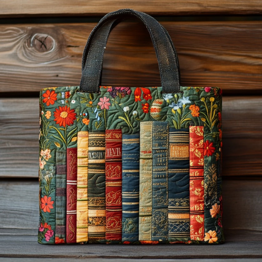 Quilted Tote Bag - Books and Red Blossoms