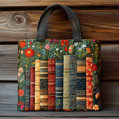 Quilted Tote Bag - Books and Red Blossoms