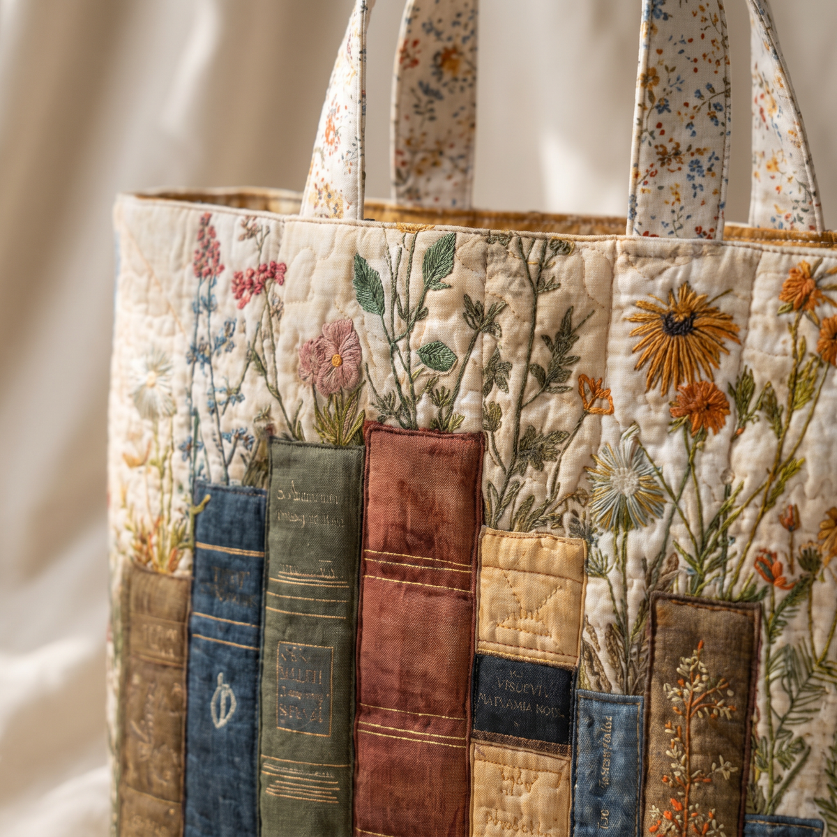 Quilted Tote Bag - Books and Wildflowers