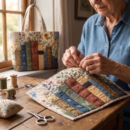 Quilted Tote Bag - Books and Wildflowers