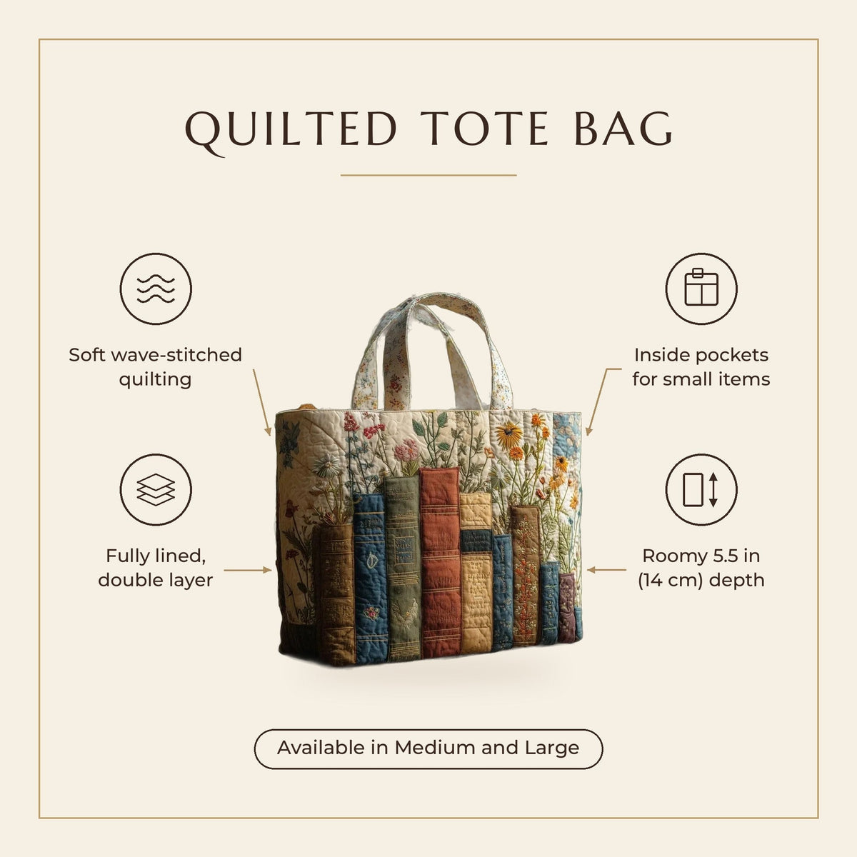 Quilted Tote Bag - Books and Wildflowers features infographic