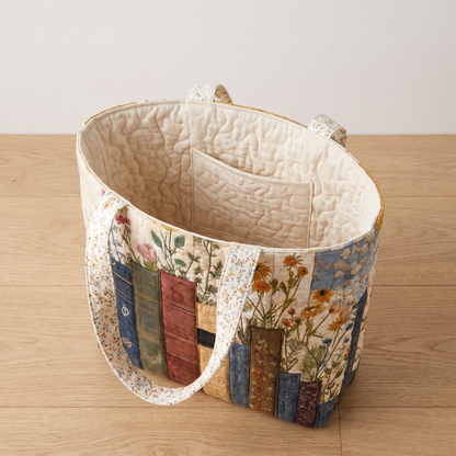 Quilted Tote Bag - Books and Wildflowers