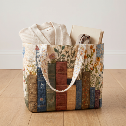 Quilted Tote Bag - Books and Wildflowers