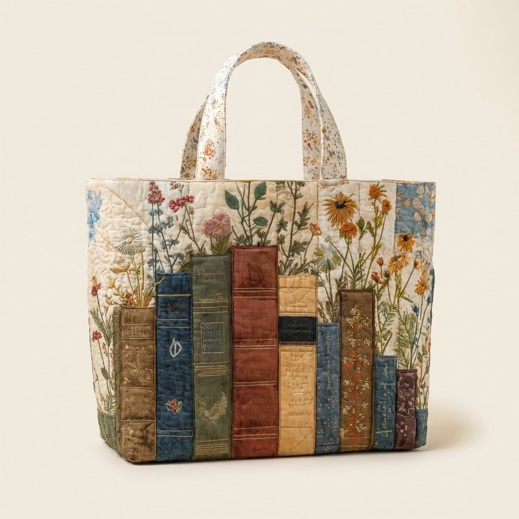 Quilted Tote Bag - Books and Wildflowers, studio photo