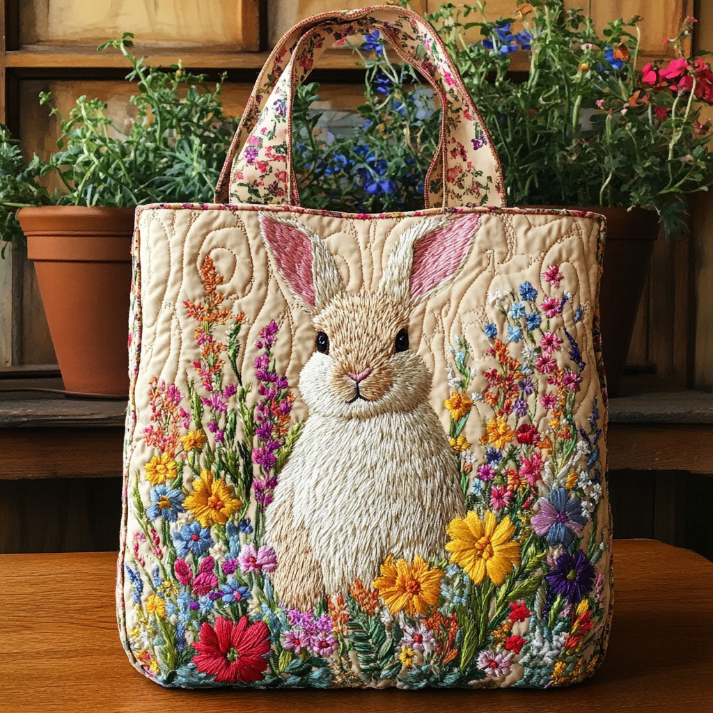Quilted Tote Bag - Bunny in the Wildflowers
