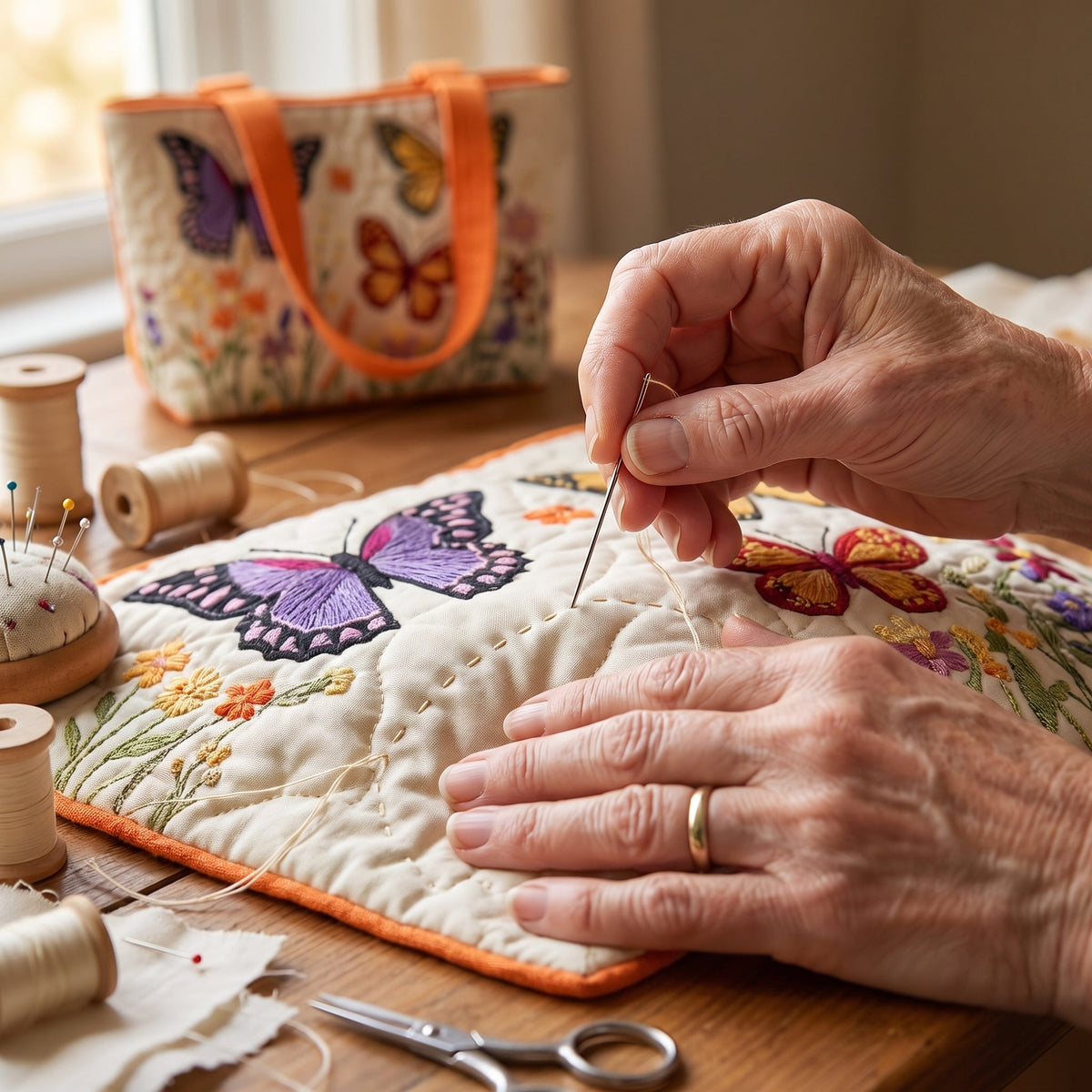 Quilted Tote Bag - Butterflies and Wildflowers