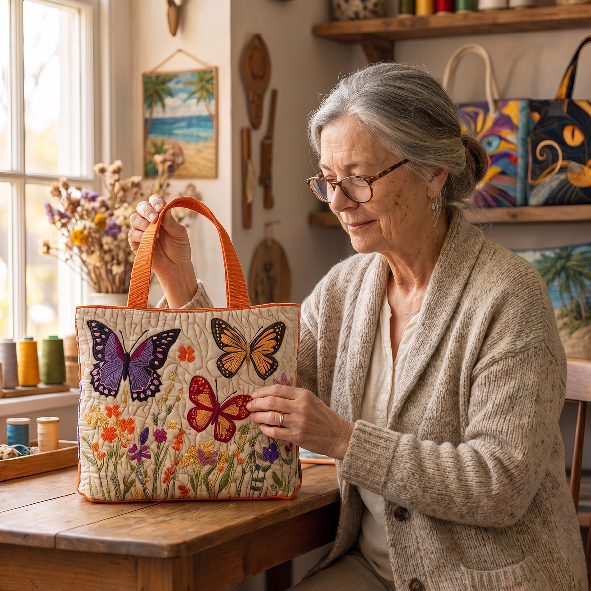 Quilted Tote Bag - Butterflies and Wildflowers