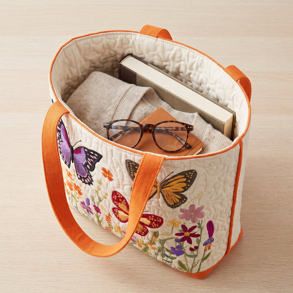 Quilted Tote Bag - Butterflies and Wildflowers