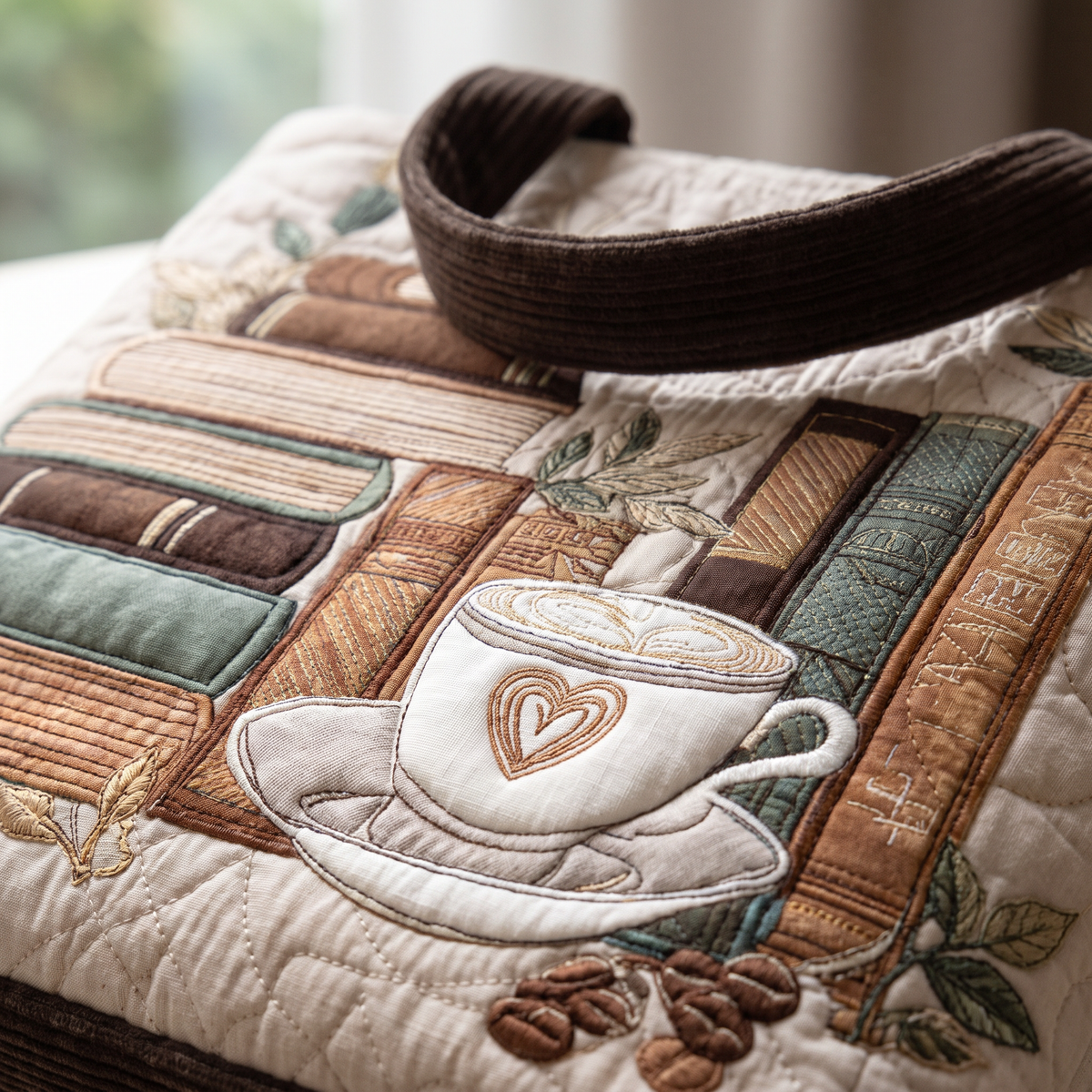 Quilted Tote Bag - Coffee and Books