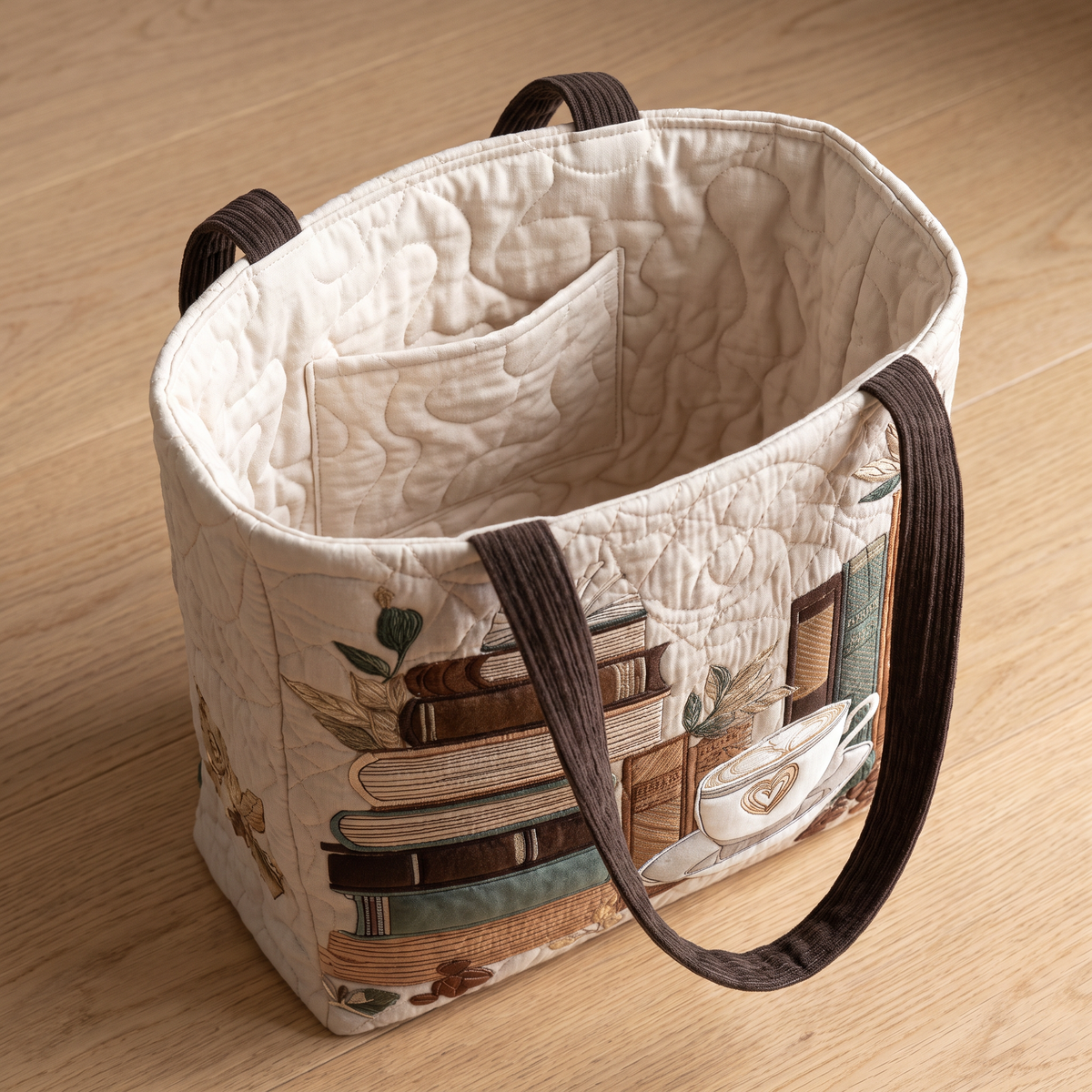 Quilted Tote Bag - Coffee and Books