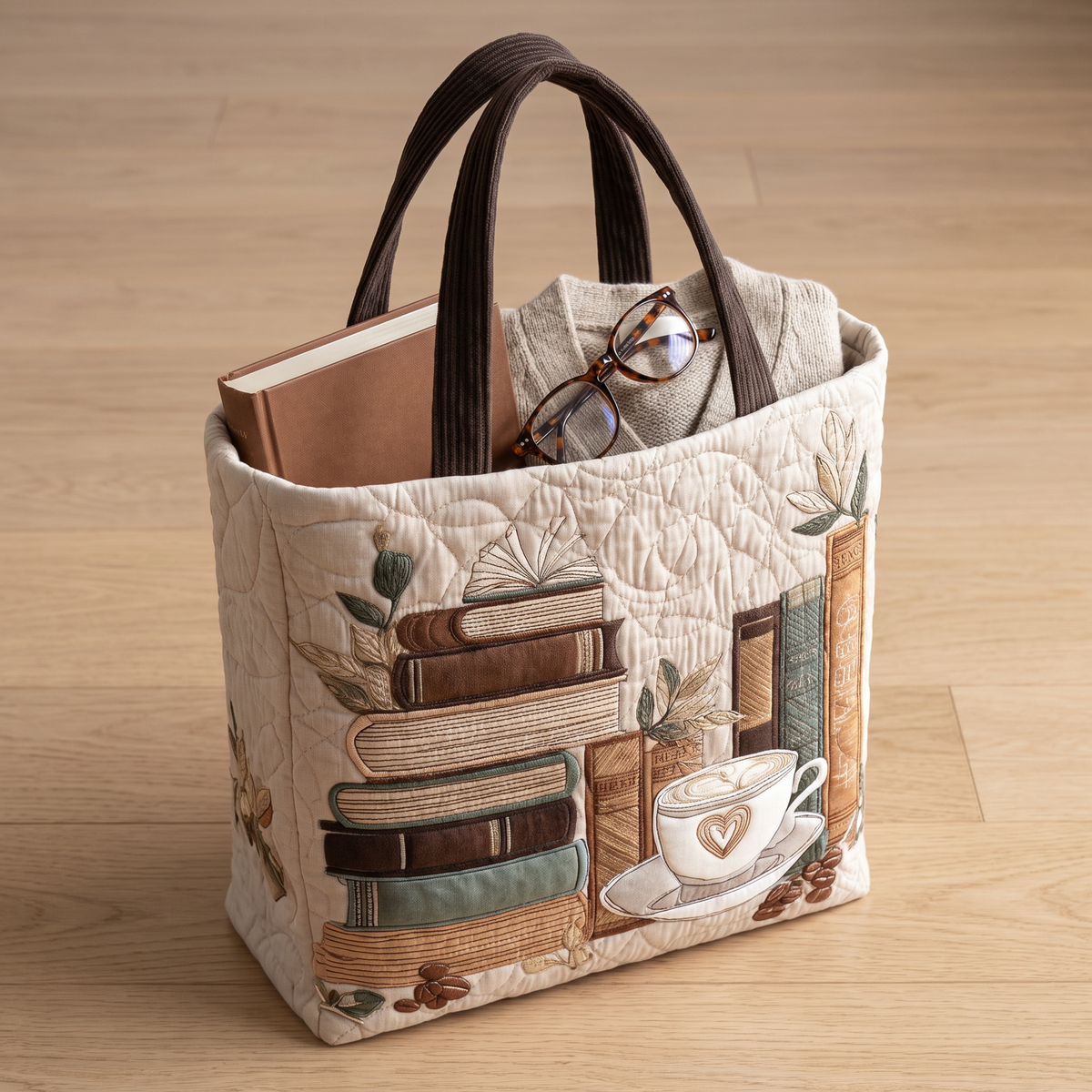 Quilted Tote Bag - Coffee and Books