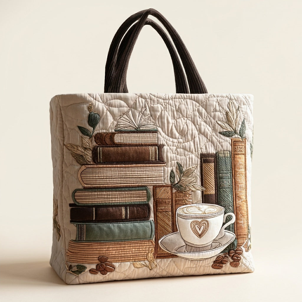 Quilted Tote Bag - Coffee and Books, studio photo