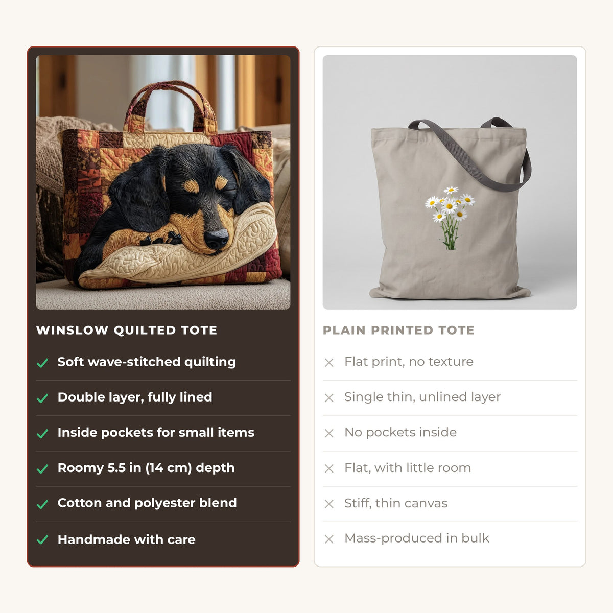 Quilted Tote Bag - Dachshund compared with a plain printed tote