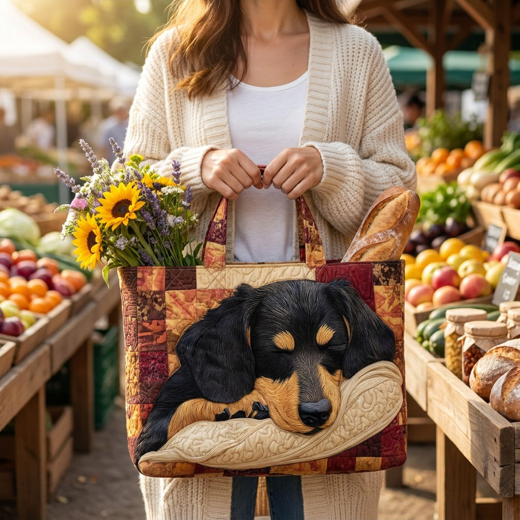 Quilted Tote Bag - Dachshund carried at a farmers market