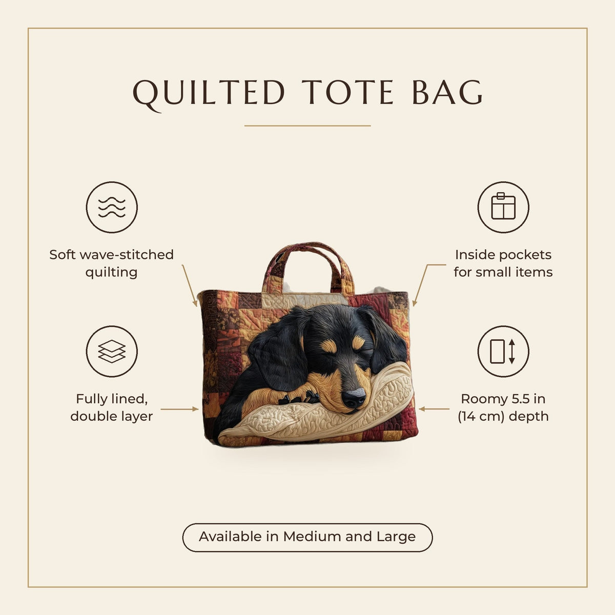 Quilted Tote Bag - Dachshund features infographic