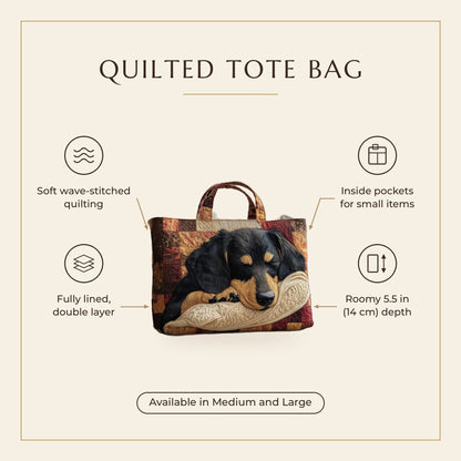 Quilted Tote Bag - Dachshund features infographic