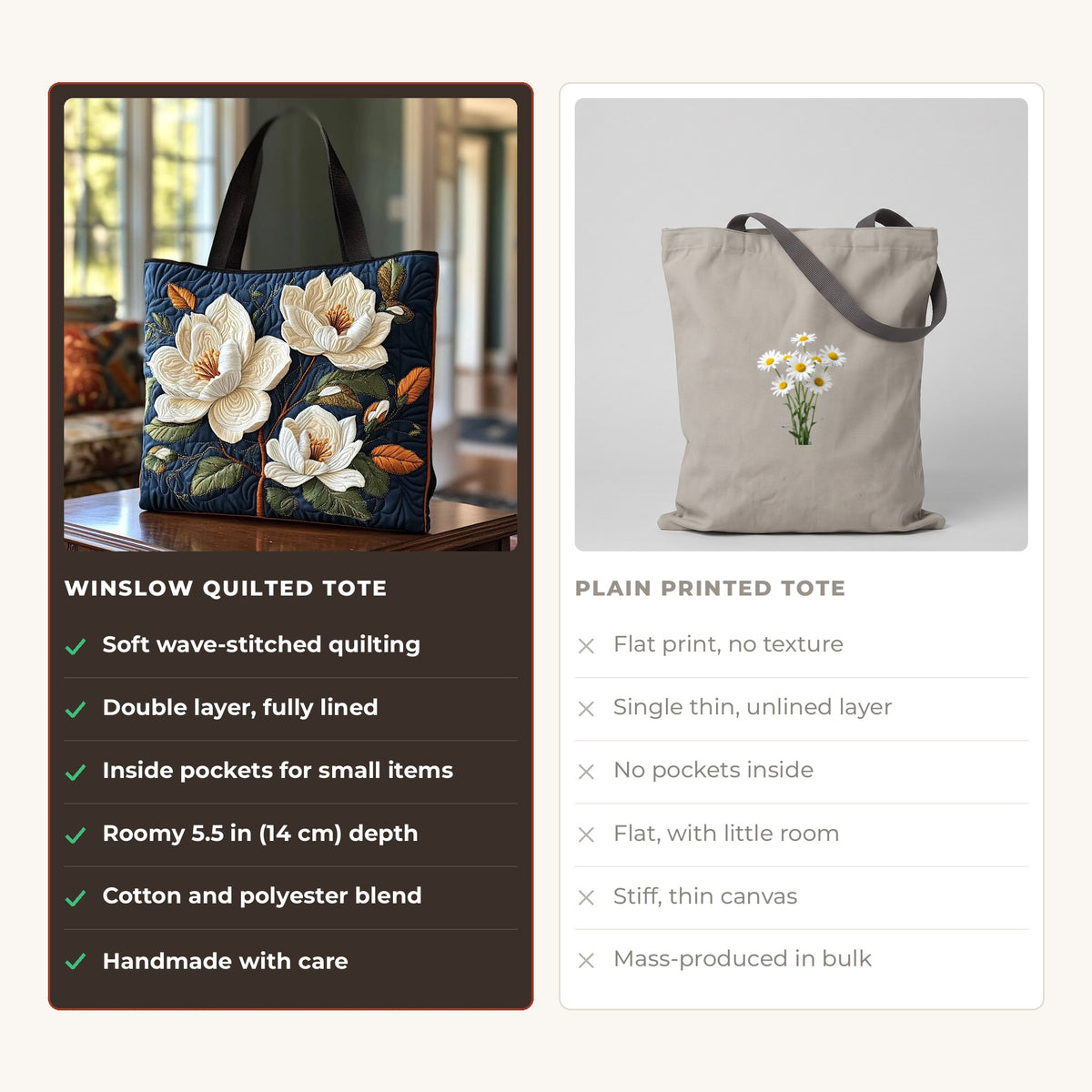 Quilted Tote Bag - Delicate Magnolia compared with a plain printed tote