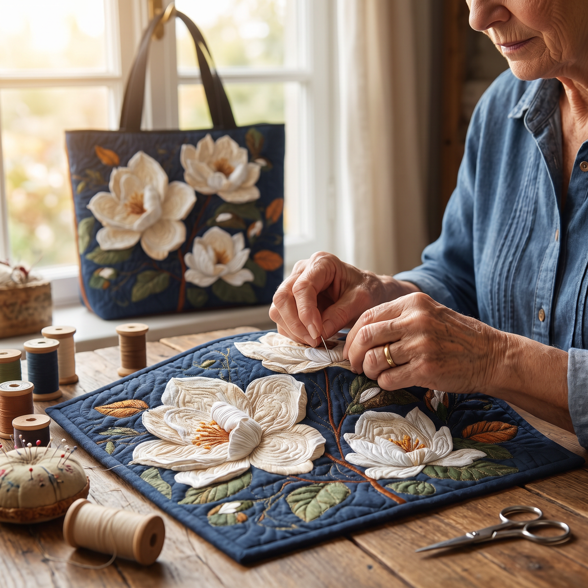 Quilted Tote Bag - Delicate Magnolia