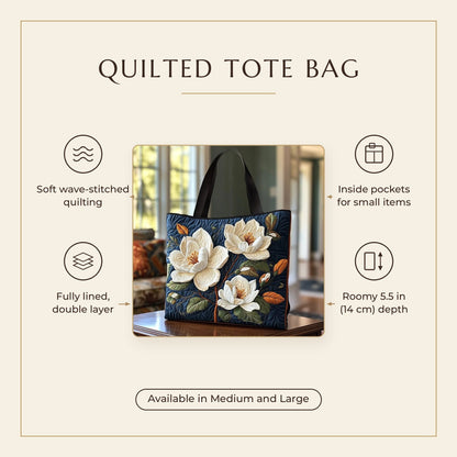 Quilted Tote Bag - Delicate Magnolia features infographic