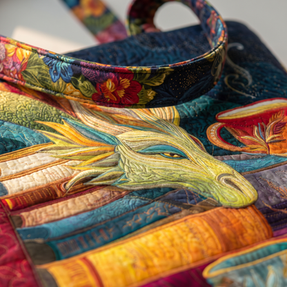 Quilted Tote Bag - Dragon Reader with Books