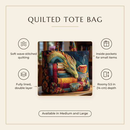 Quilted Tote Bag - Dragon Reader with Books features infographic