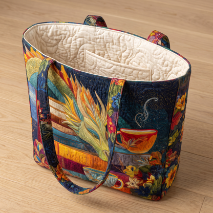 Quilted Tote Bag - Dragon Reader with Books