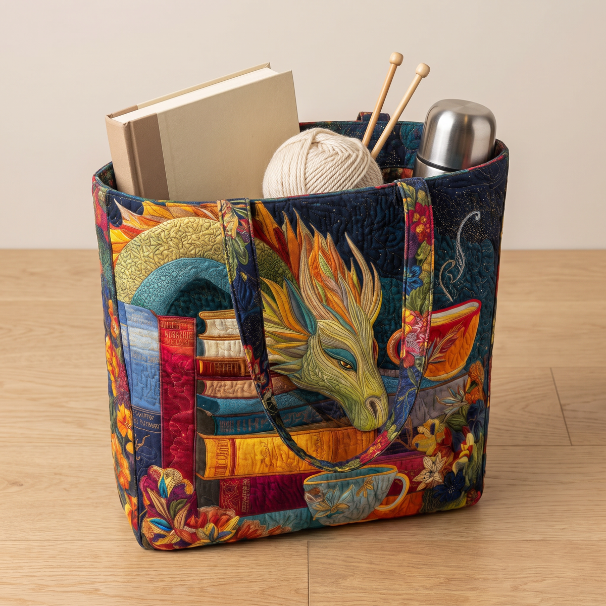 Quilted Tote Bag - Dragon Reader with Books