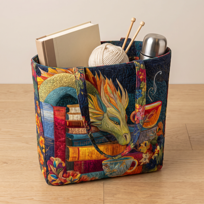 Quilted Tote Bag - Dragon Reader with Books