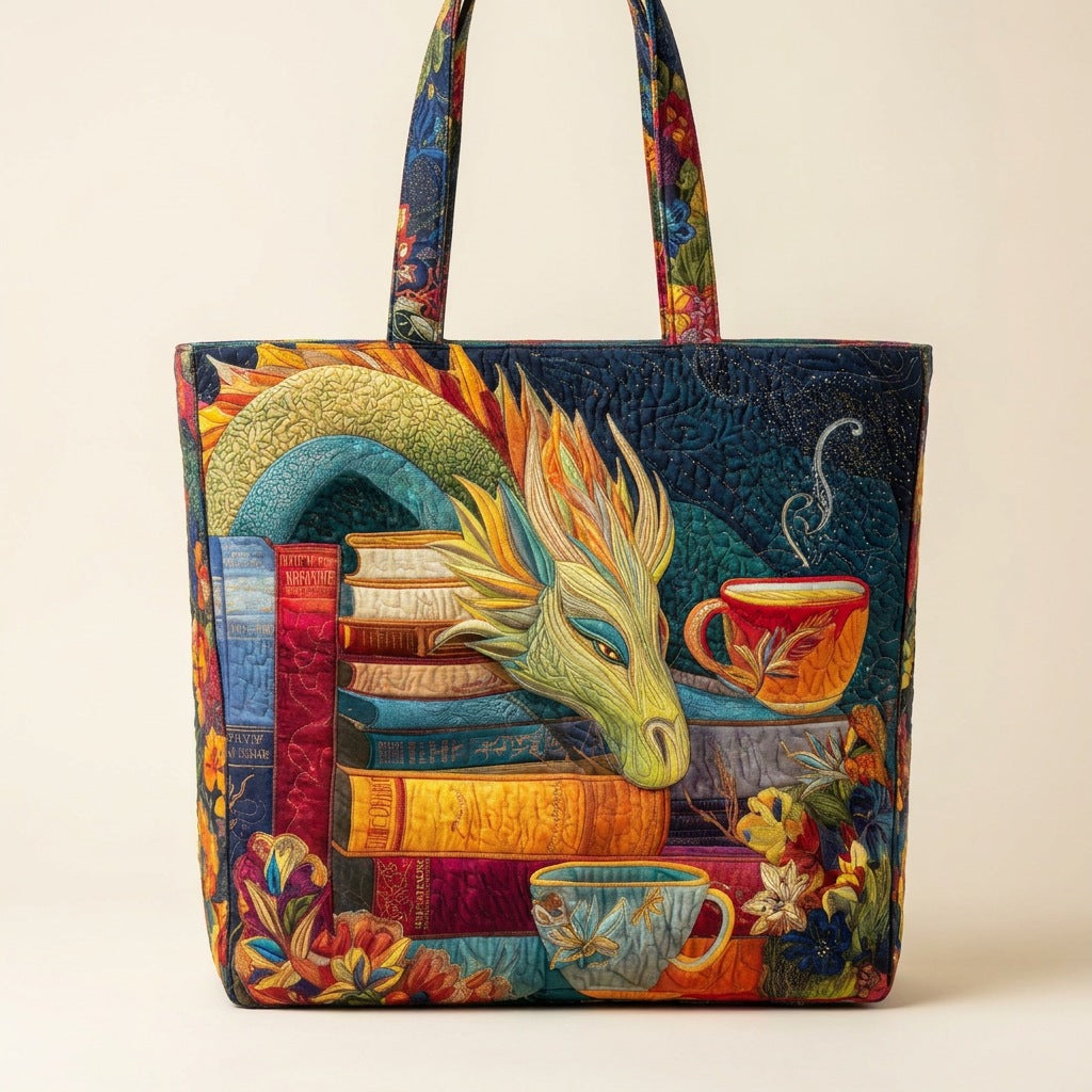 Quilted Tote Bag - Dragon Reader with Books, studio photo