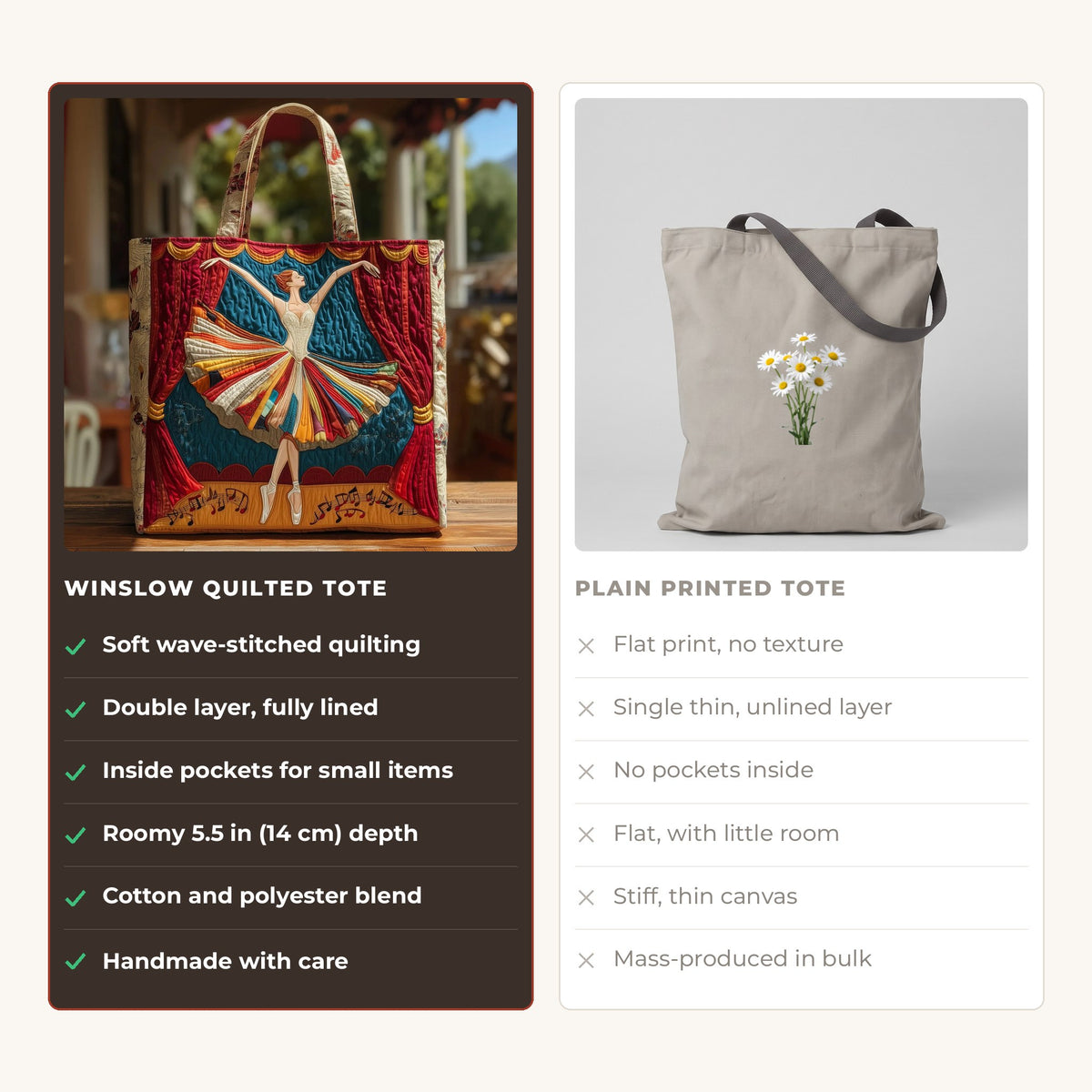 Quilted Tote Bag - Elegant Ballerina compared with a plain printed tote