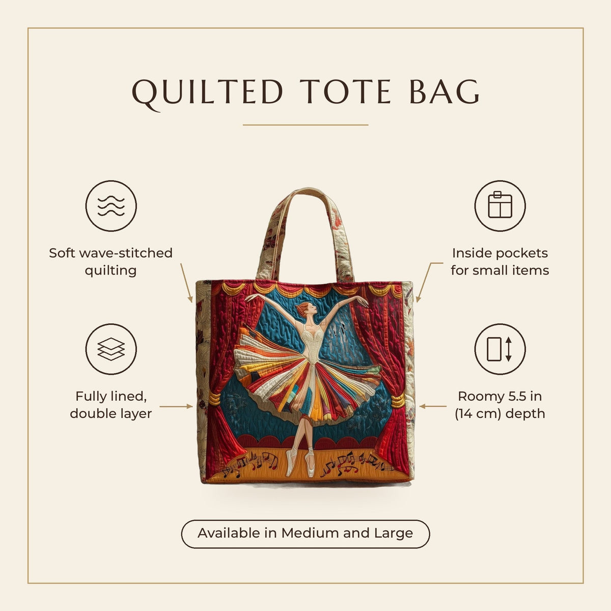 Quilted Tote Bag - Elegant Ballerina features infographic