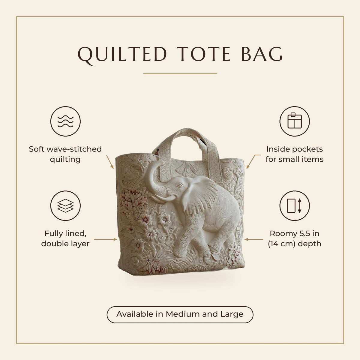 Quilted Tote Bag - Elephant features infographic