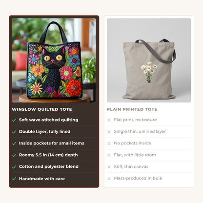 Quilted Tote Bag - Enchanted Black Cat compared with a plain printed tote