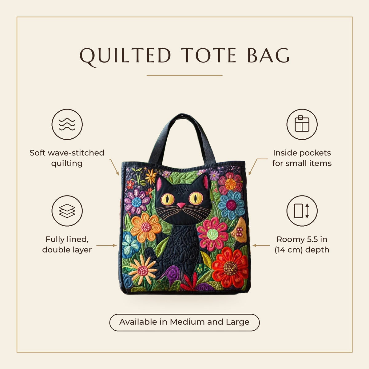 Quilted Tote Bag - Enchanted Black Cat features infographic