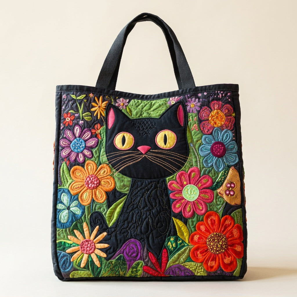 Quilted Tote Bag - Enchanted Black Cat, studio photo