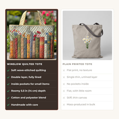 Quilted Tote Bag - Enchanted Library compared with a plain printed tote